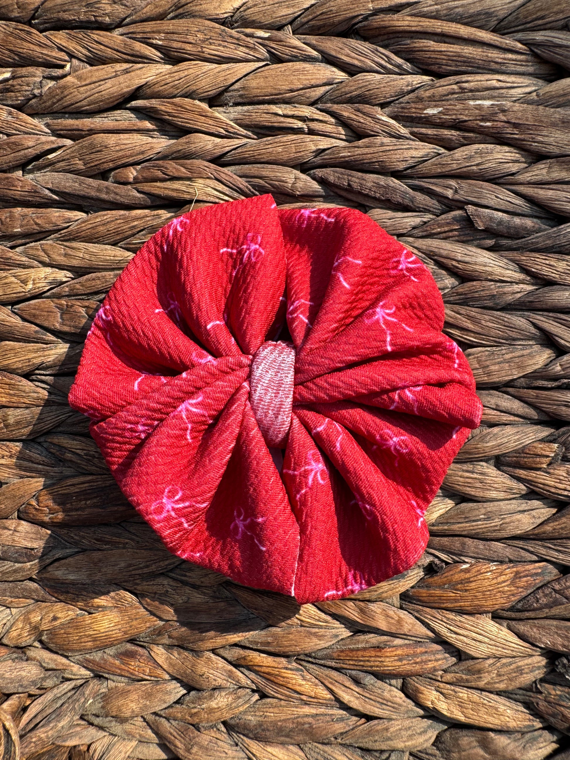 Pink Coquette Bows on Red Fabric